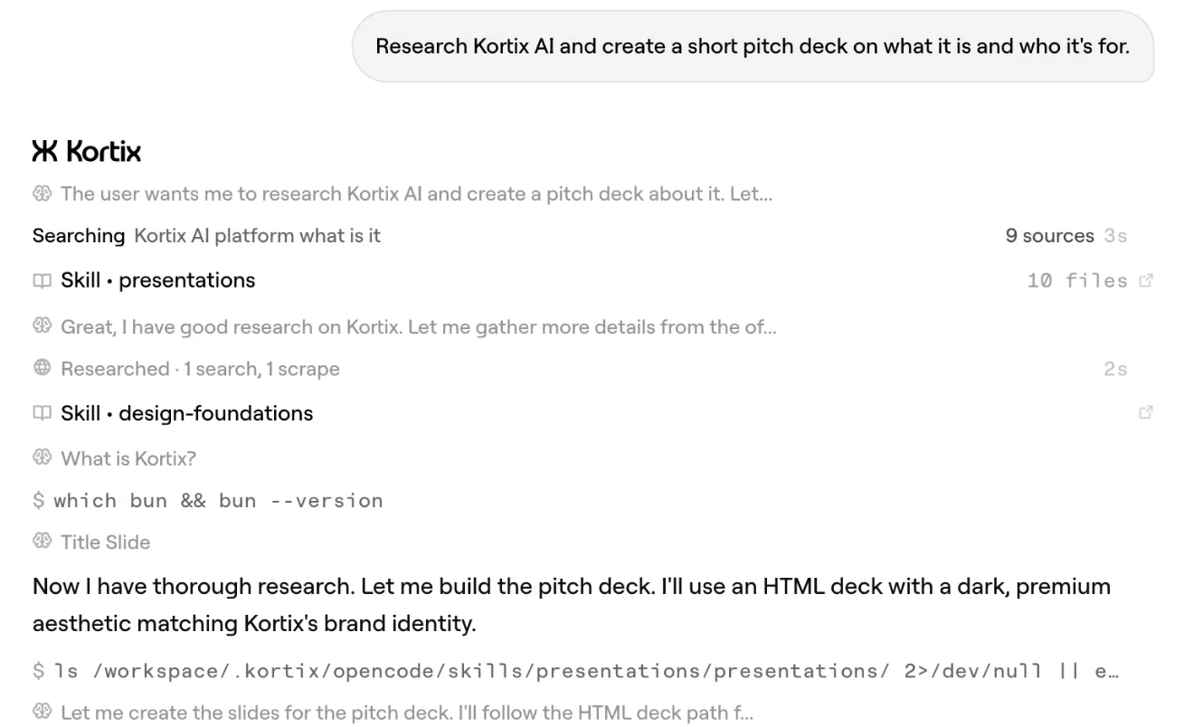 A Kortix session, opened with a task, with its tool calls in the log